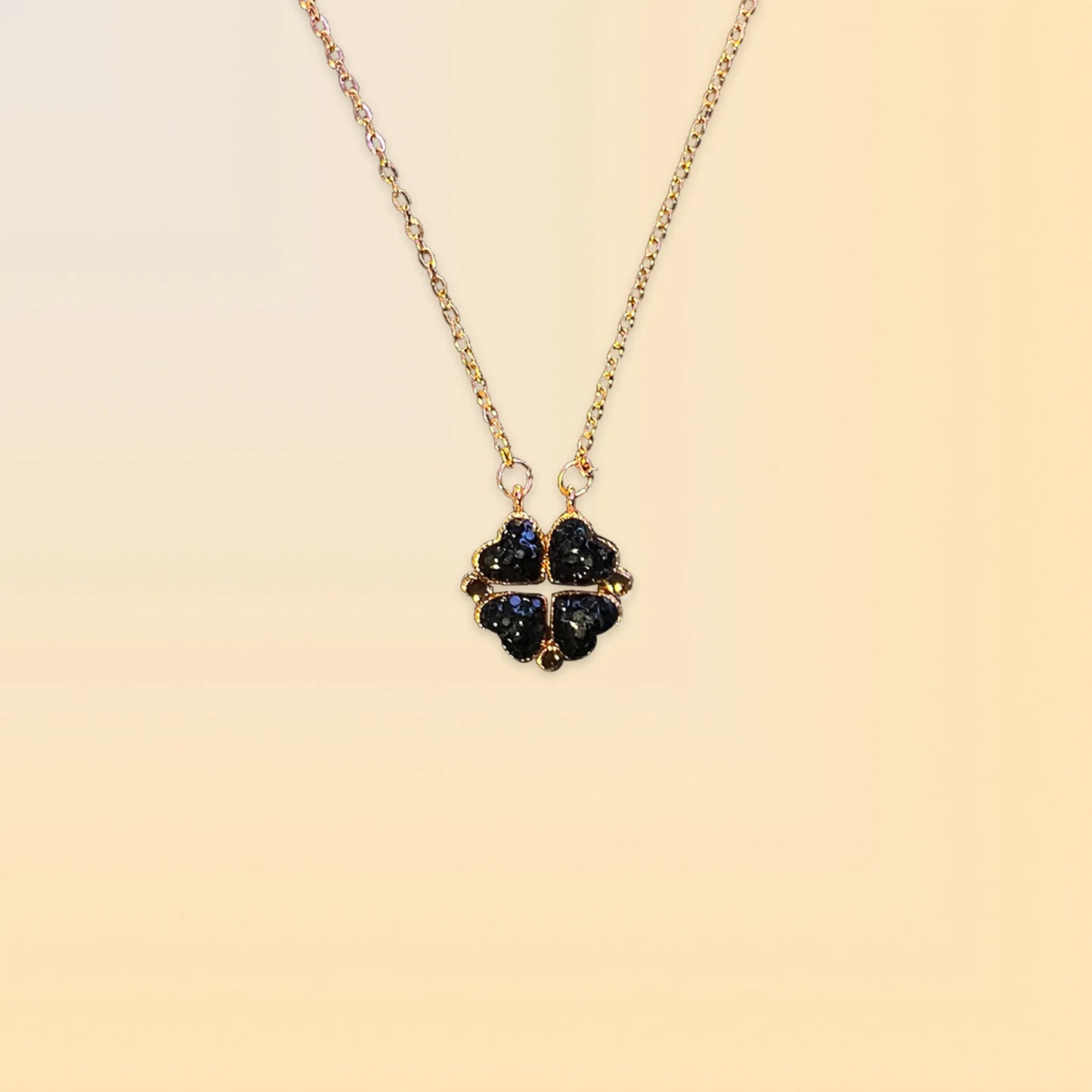 Four Leaf Zircon Heart Magnetic Clover Dual Side Necklace (Red & Black).