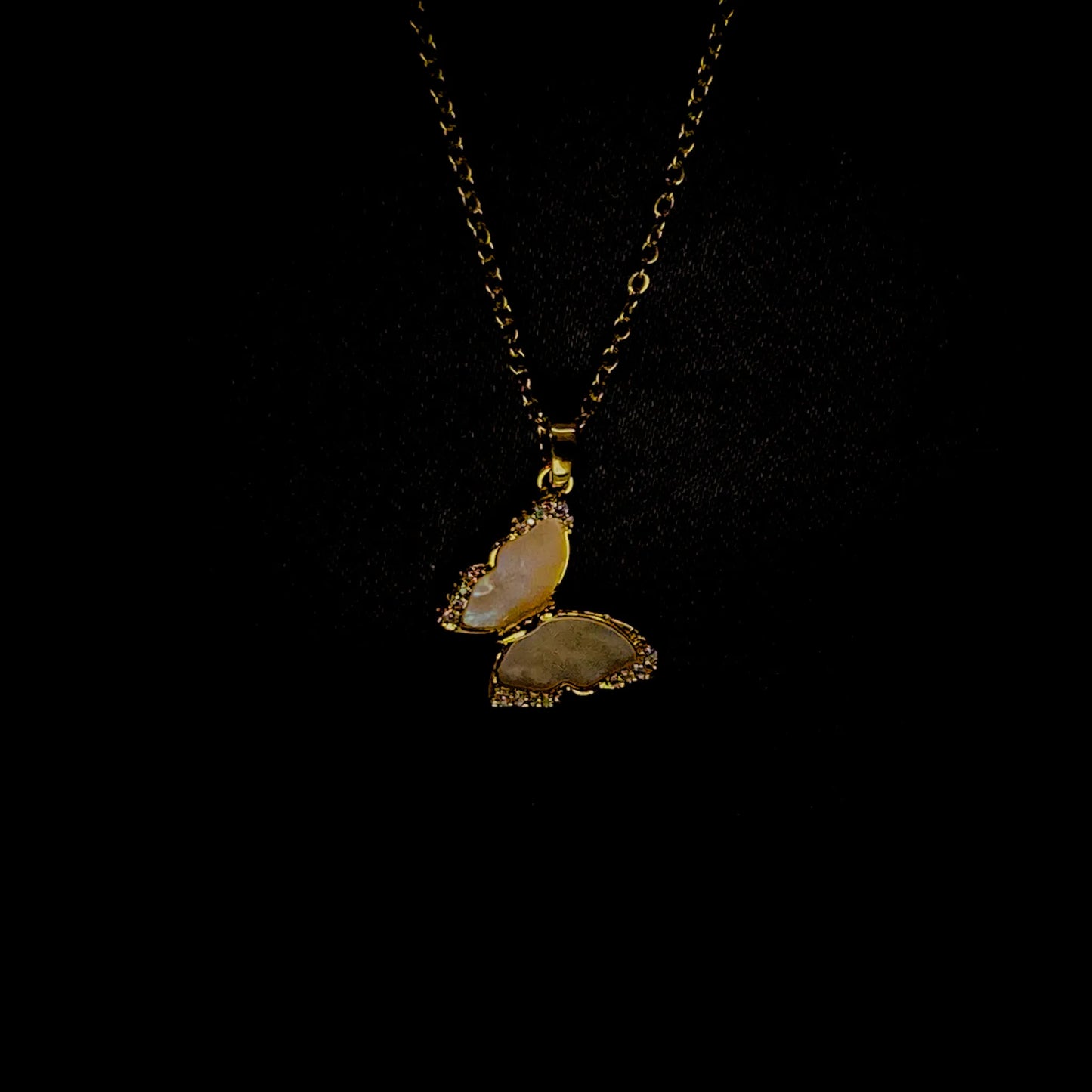 Gold Butterfly Necklace with Pink Stone Inlay