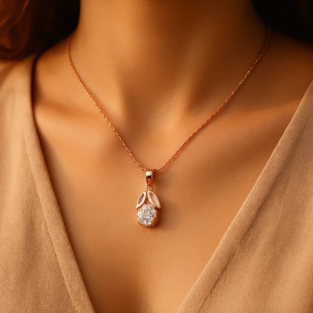 Bloom Leaf Pendant Necklace with Sparkling Solitaire - Everray.in