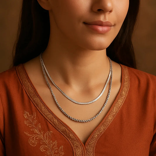 Elegant Double-Layered Silver Necklace – Herringbone & Rope Chain - Everray.in