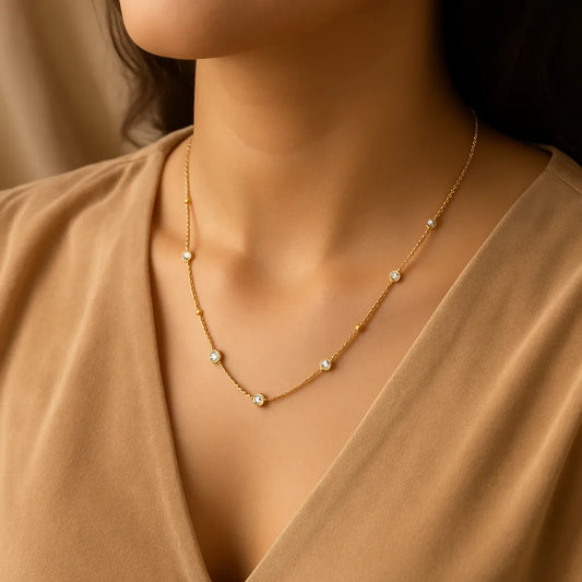 Elegant Gold Bezel Stone Necklace – Dainty Cubic Zirconia Chain - Everray.in