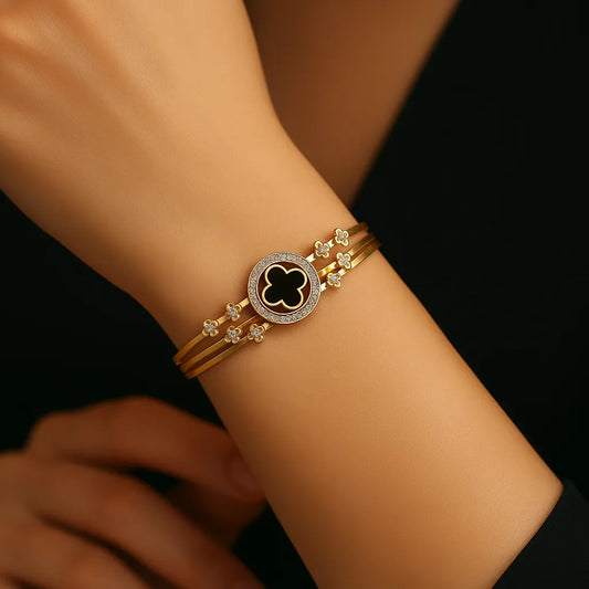 Elegant Gold Clover Cuff Bracelet with Crystals