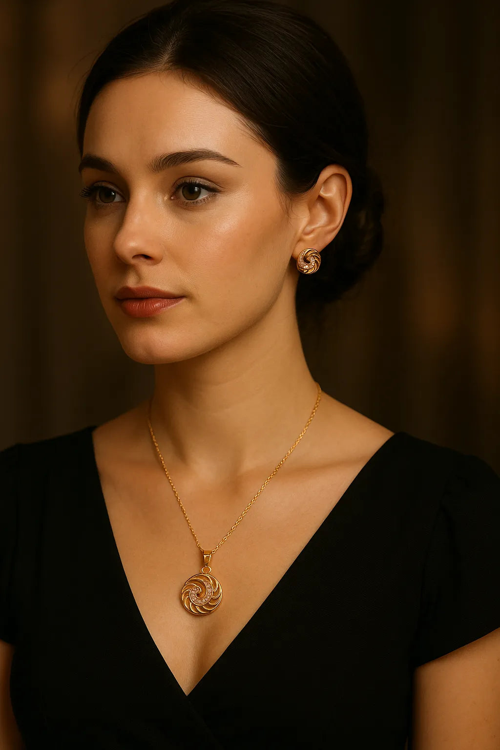Elegant Rosegold Gold Spiral Jewelry Set – Pendant Necklace & Stud Earrings with Crystal Accents - Everray.in