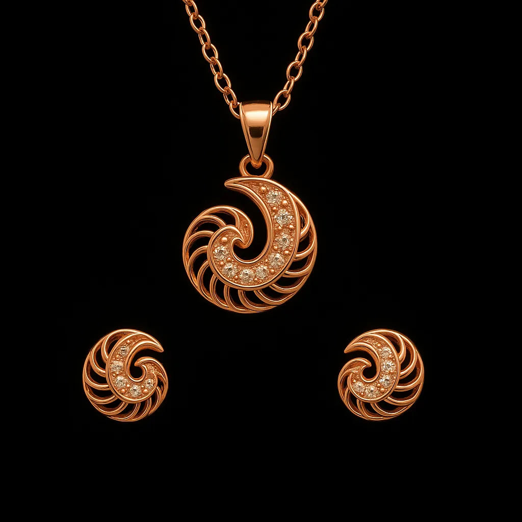 Elegant Rosegold Gold Spiral Jewelry Set – Pendant Necklace & Stud Earrings with Crystal Accents - Everray.in