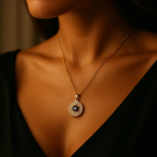 A dusky model butifully wearing Gold evil eye pendant necklace with blue and white crystals in a circular chakra-style design on gold chain.