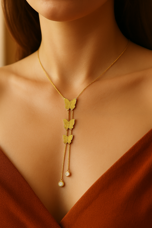 Gold Butterfly Lariat Necklace with Crystal Accents - Everray.in