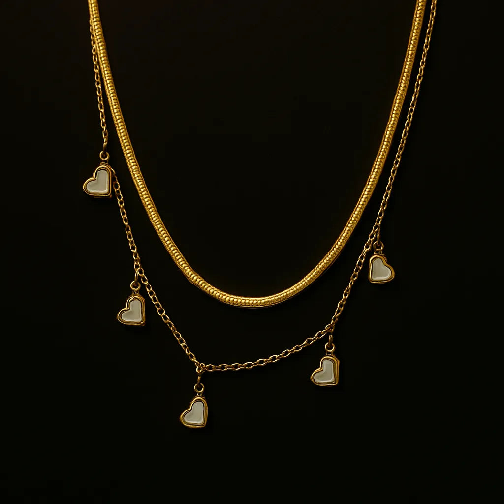 Gold Layered Necklace with White Enamel Heart Charms - Everray.in