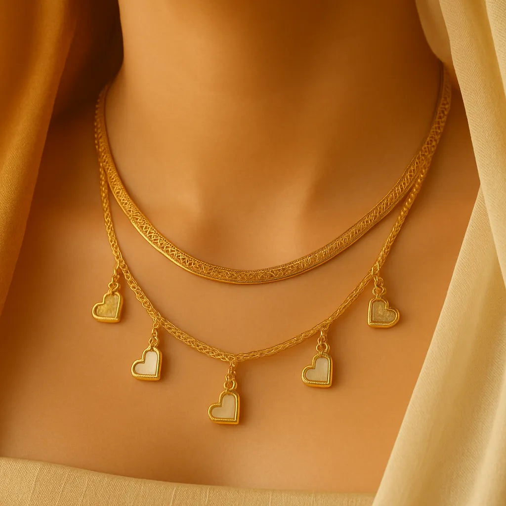 Gold Layered Necklace with White Enamel Heart Charms - Everray.in
