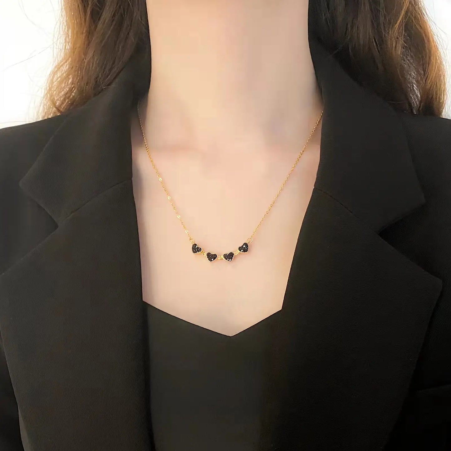 Four Leaf Zircon Heart Magnetic Clover Dual Side Necklace (Red & Black).