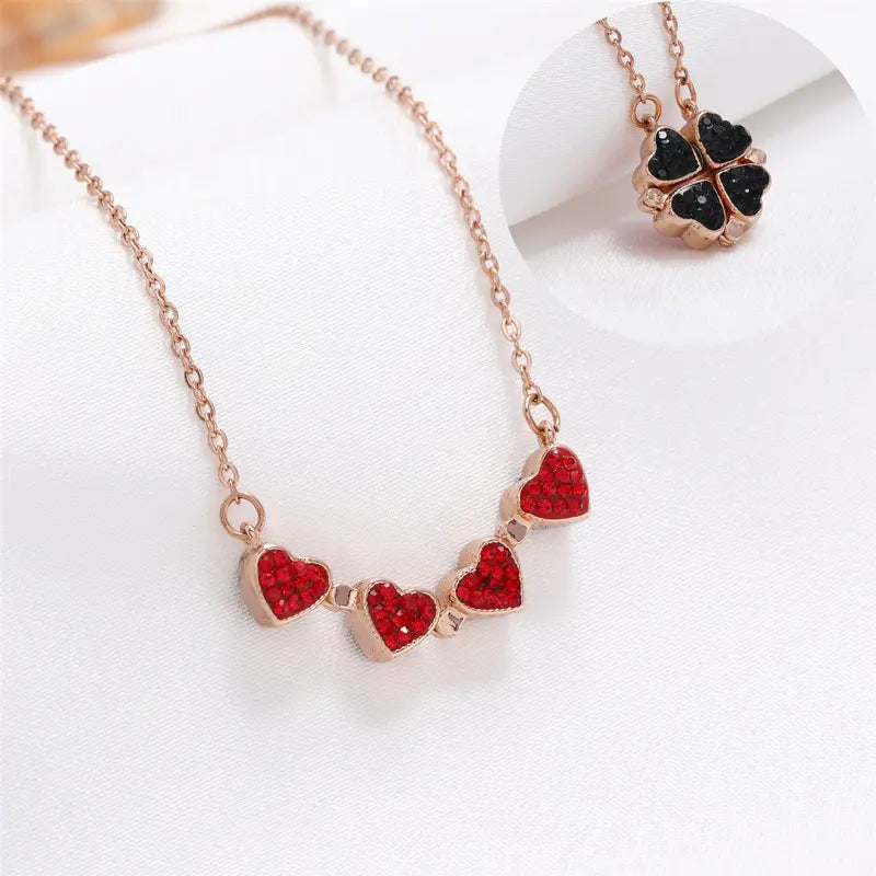 Four Leaf Zircon Heart Magnetic Clover Dual Side Necklace (Red & Black).