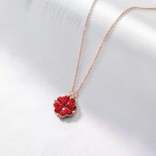 Four Leaf Zircon Heart Magnetic Clover Dual Side Necklace (Red & Black).