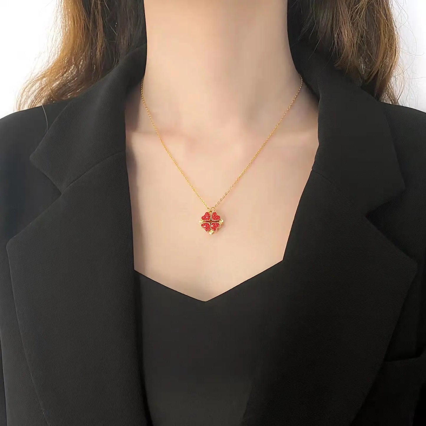 Four Leaf Zircon Heart Magnetic Clover Dual Side Necklace (Red & Black).