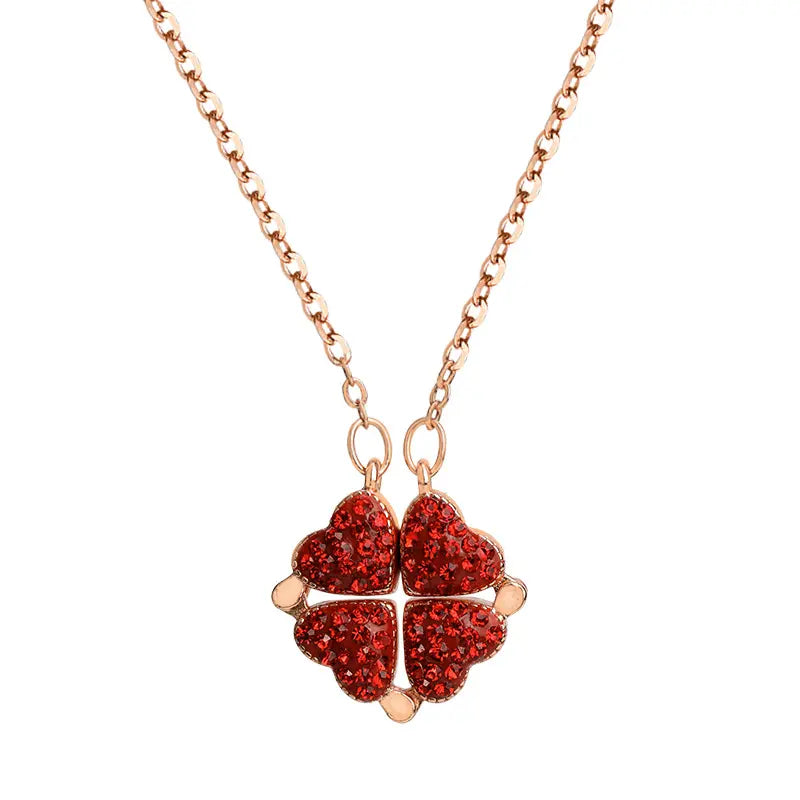 Four Leaf Zircon Heart Magnetic Clover Dual Side Necklace (Red & Black).