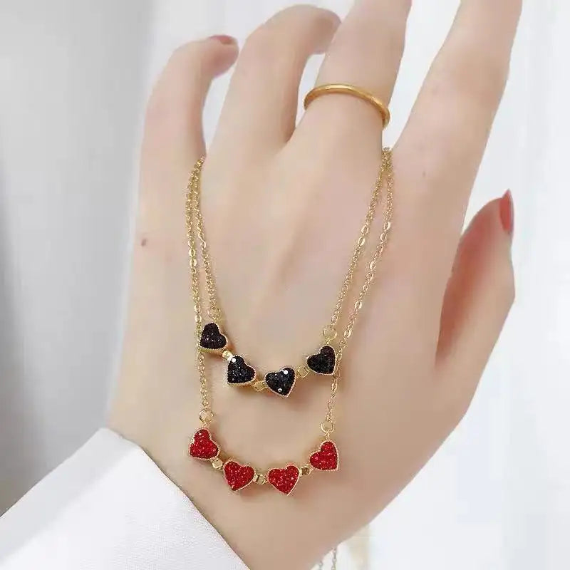 Four Leaf Zircon Heart Magnetic Clover Dual Side Necklace (Red & Black).