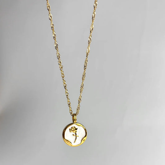 White Rose Circle Pendant Necklace