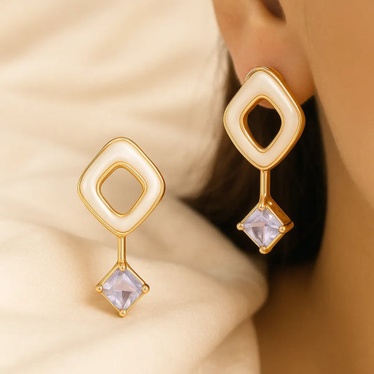 Lavender Stone Drop Earrings – Gold-Plated Geometric Statement with Enamel Accents - Everray.in