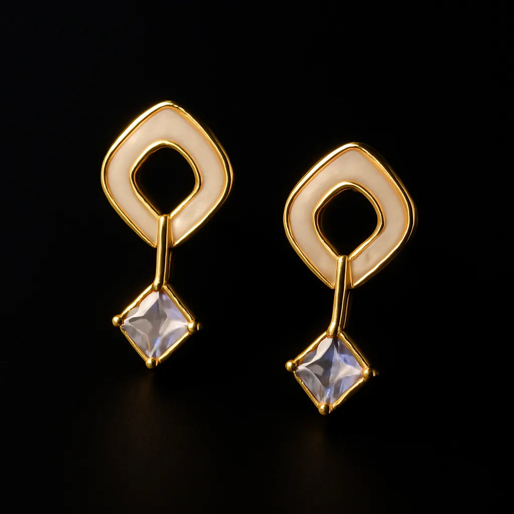 Lavender Stone Drop Earrings – Gold-Plated Geometric Statement with Enamel Accents - Everray.in