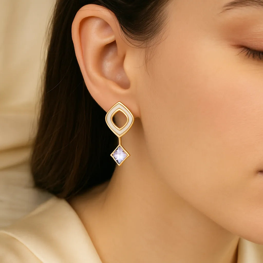 Lavender Stone Drop Earrings – Gold-Plated Geometric Statement with Enamel Accents - Everray.in