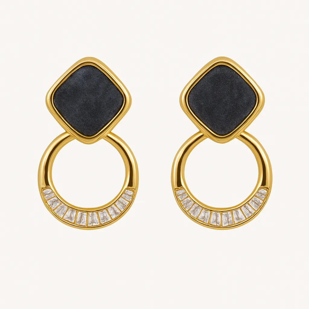 Noir Luxe Geometric Dangle Earrings – Gold with Black Enamel & Crystals - Everray.in
