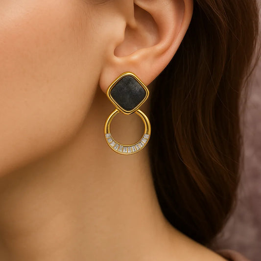Noir Luxe Geometric Dangle Earrings – Gold with Black Enamel & Crystals - Everray.in