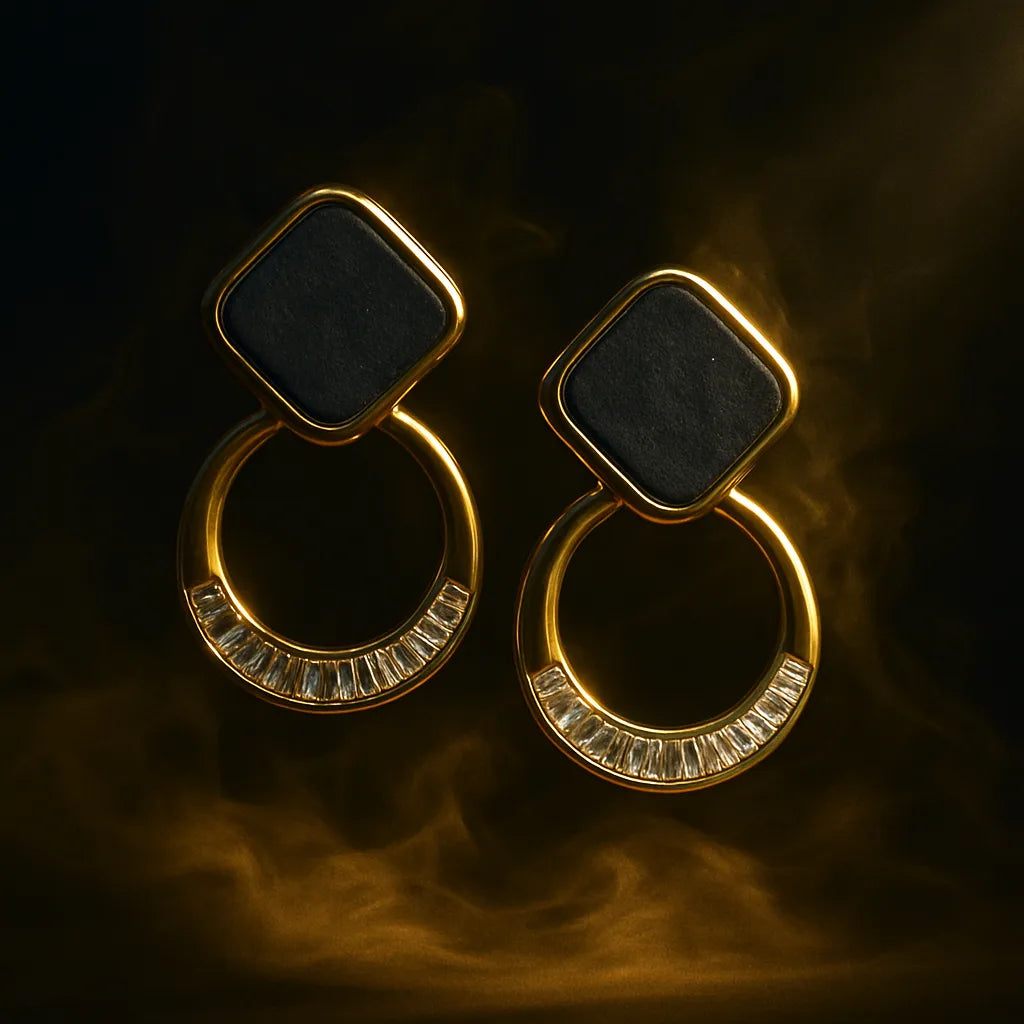 Noir Luxe Geometric Dangle Earrings – Gold with Black Enamel & Crystals - Everray.in