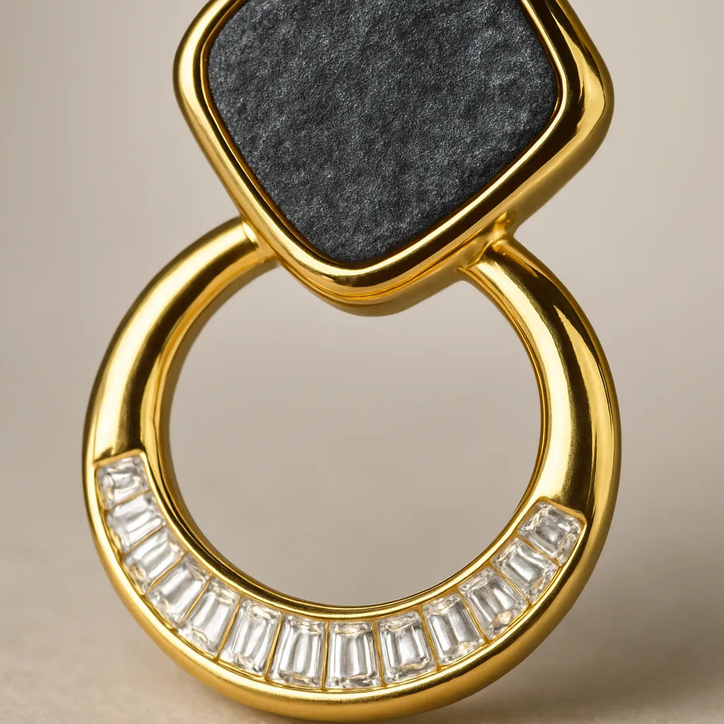 Noir Luxe Geometric Dangle Earrings – Gold with Black Enamel & Crystals - Everray.in