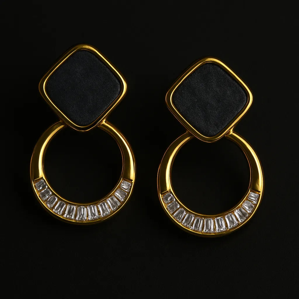 Noir Luxe Geometric Dangle Earrings – Gold with Black Enamel & Crystals - Everray.in