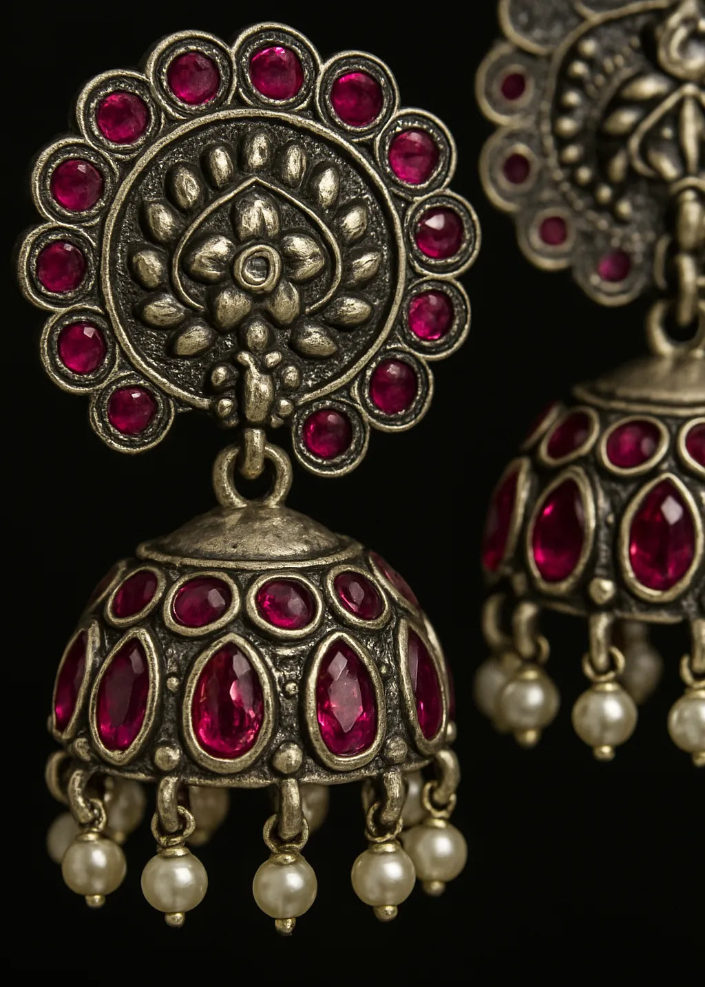 Noor Jhumka - Oxidized Silver & Ruby-Red Elegant statement Jhumkas