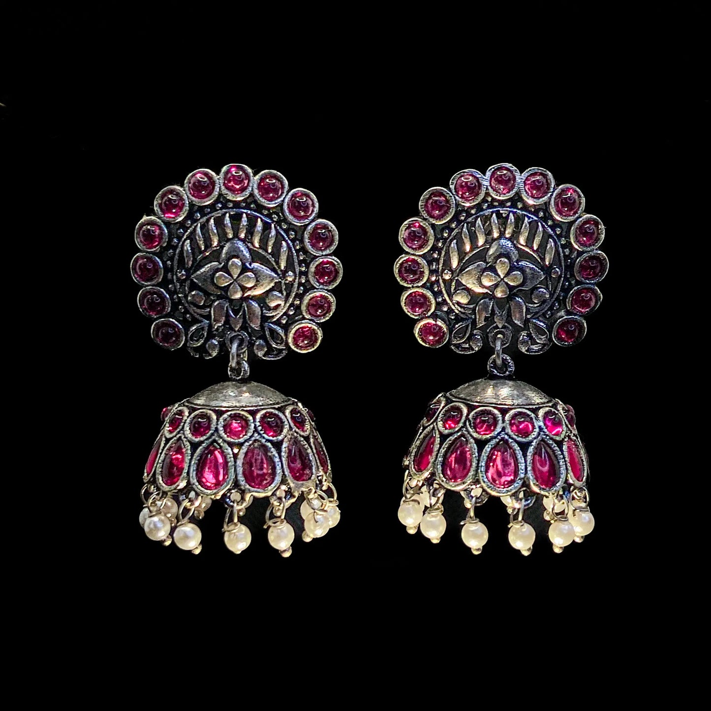 Noor Jhumka - Oxidized Silver & Ruby-Red Elegant statement Jhumkas