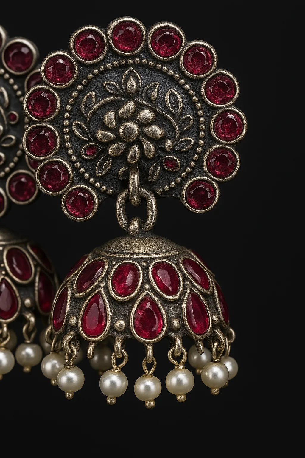 Noor Jhumka - Oxidized Silver & Ruby-Red Elegant statement Jhumkas