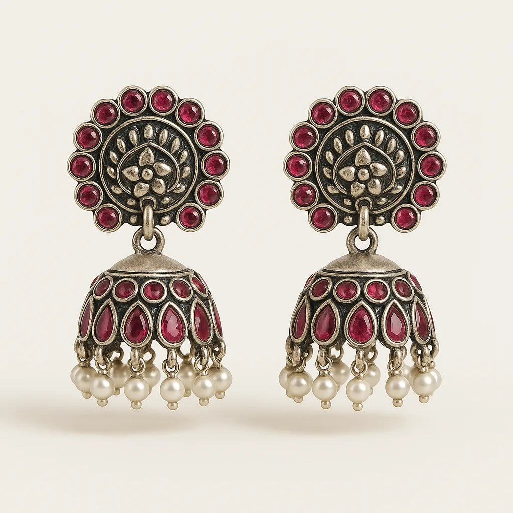 Noor Jhumka - Oxidized Silver & Ruby-Red Elegant statement Jhumkas