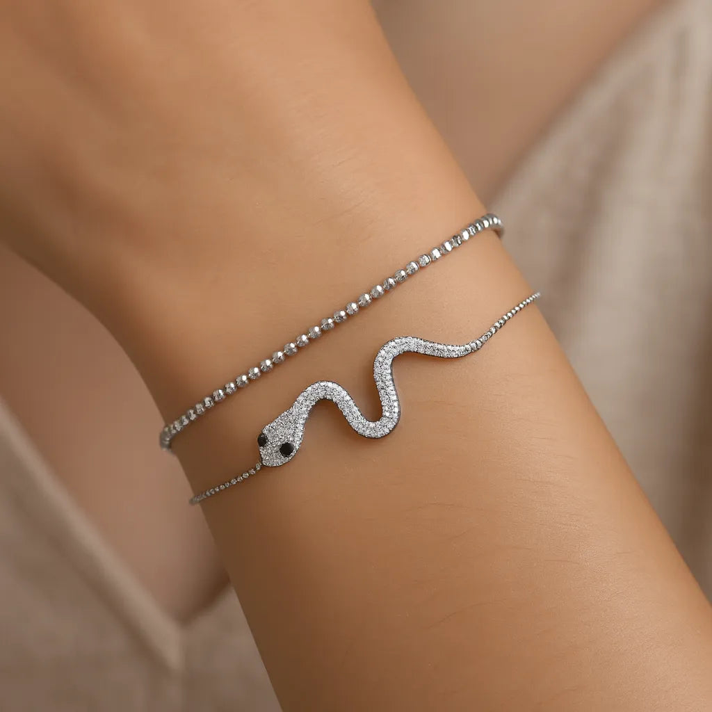 Silver Snake Bracelet – Edgy Charm with Sparkling Stones | Hypoallergenic