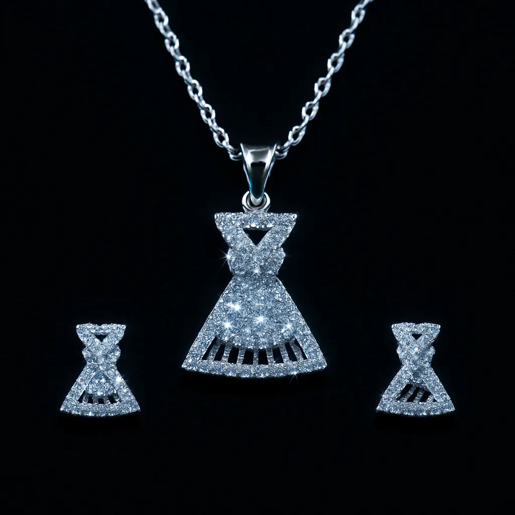 Sparkling Silver Dress-Shaped Pendant & Earring Set – CZ Diamond Look, Hypoallergenic - Everray.in