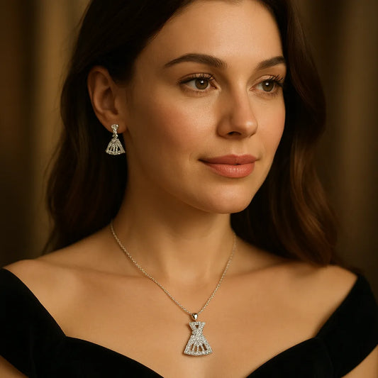 Sparkling Silver Dress-Shaped Pendant & Earring Set – CZ Diamond Look, Hypoallergenic - Everray.in