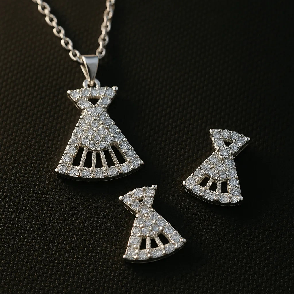 Sparkling Silver Dress-Shaped Pendant & Earring Set – CZ Diamond Look, Hypoallergenic - Everray.in