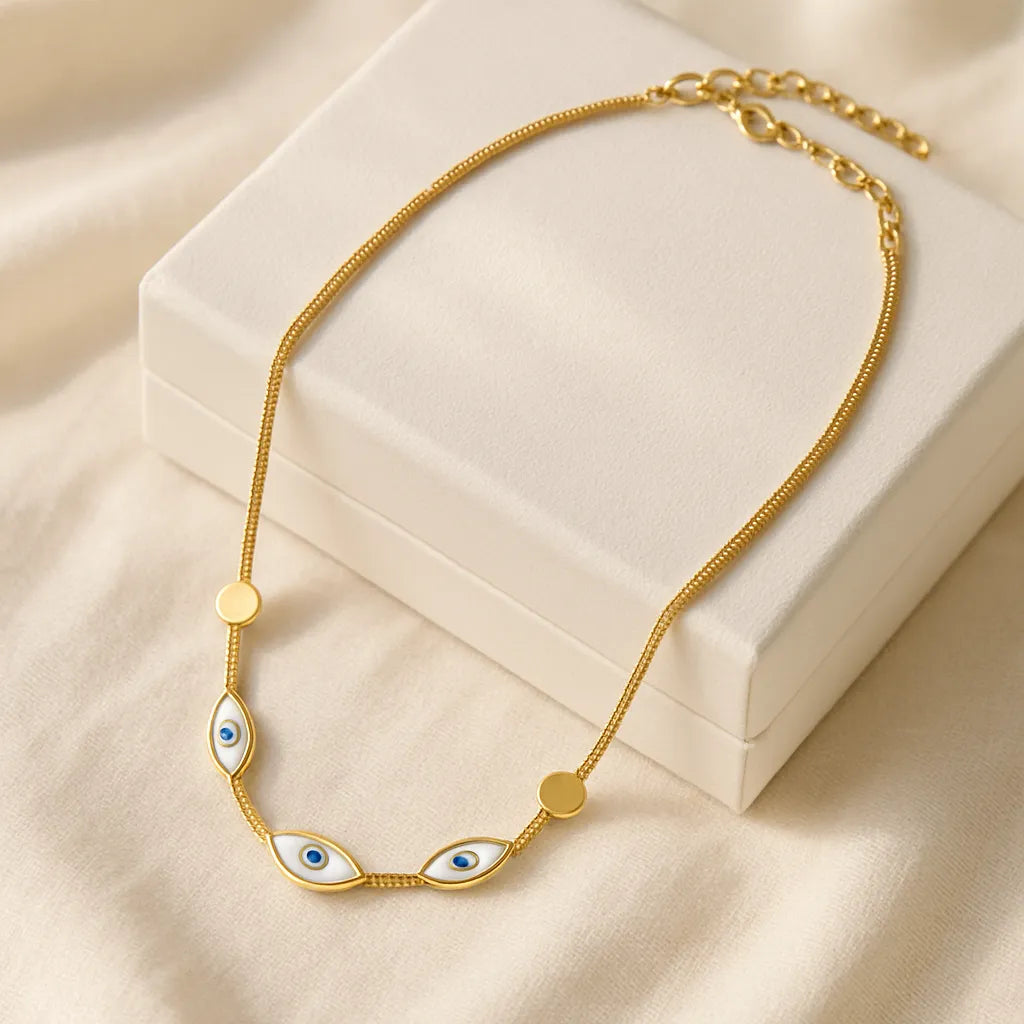 Triple Evil Eye Gold Necklace – Minimal Snake Chain, Enamel Charm, Adjustable Length - Everray.in
