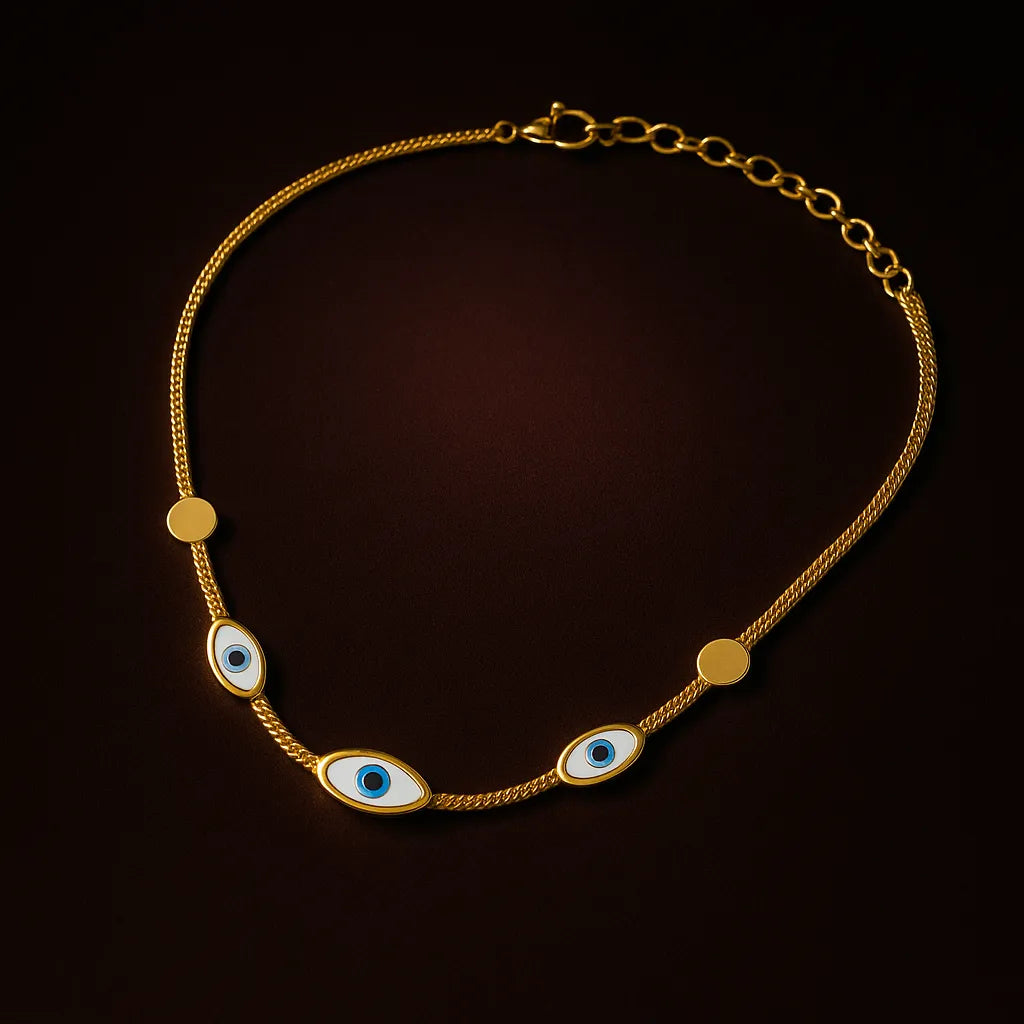 Triple Evil Eye Gold Necklace – Minimal Snake Chain, Enamel Charm, Adjustable Length - Everray.in