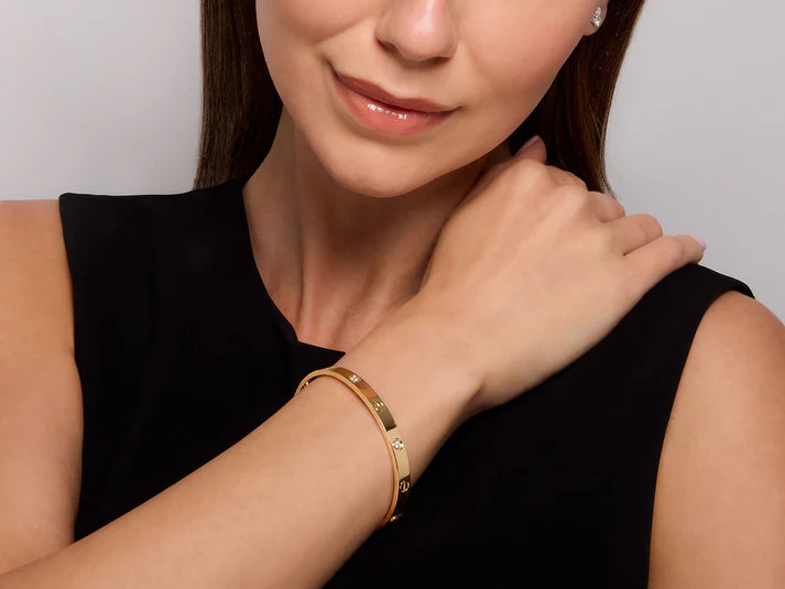 Woman wearing the cartier love gold bracelet on a plain background