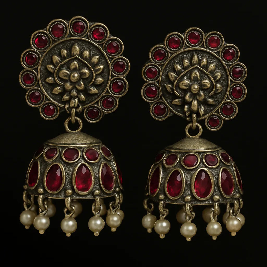 Noor Jhumka - Oxidized Silver & Ruby-Red Elegant statement Jhumkas