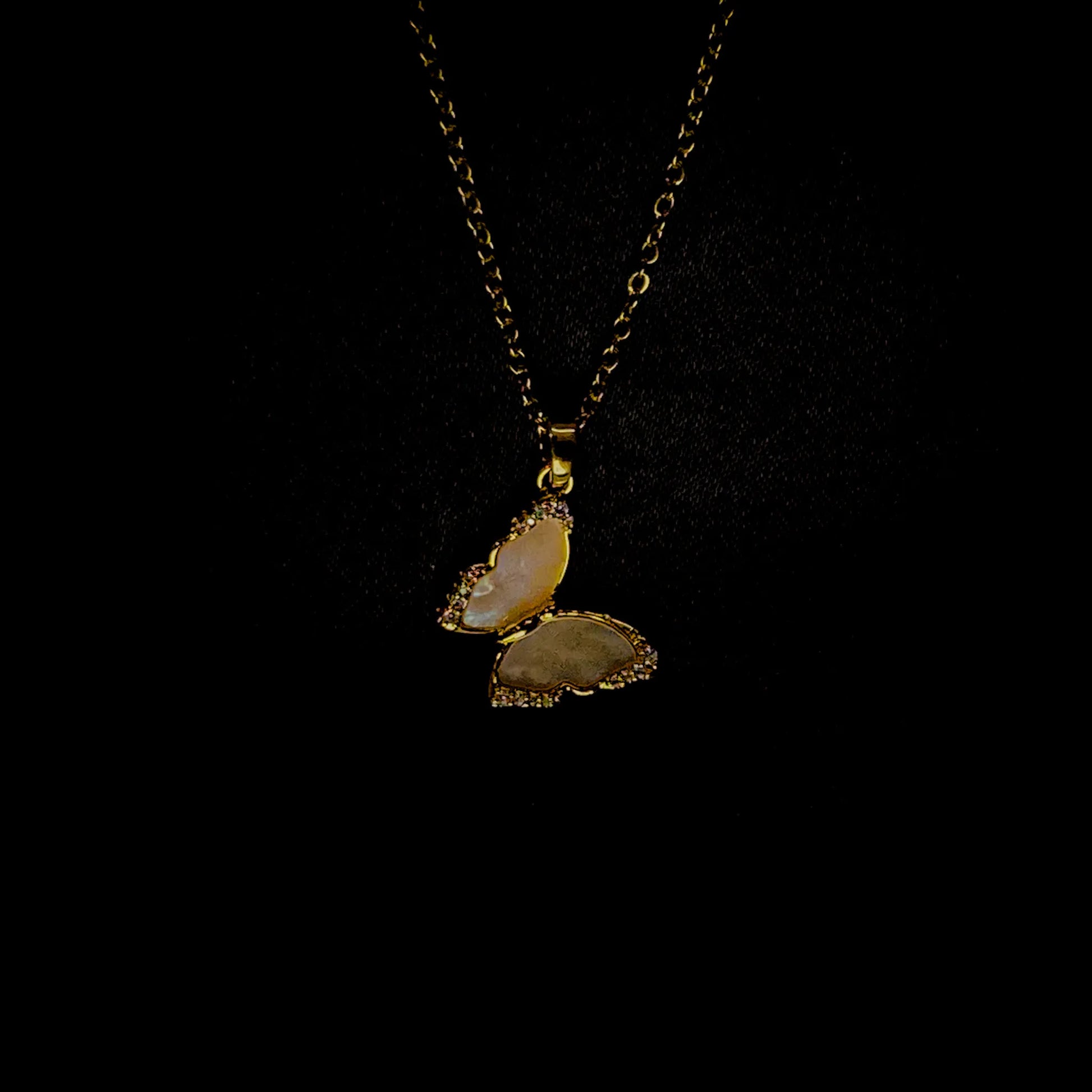 Gold Butterfly Necklace with Pink Stone Inlay