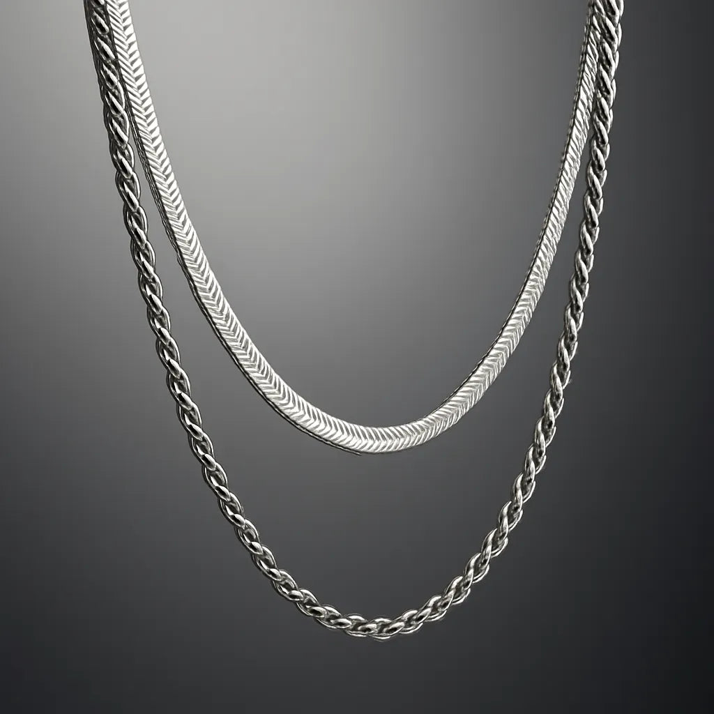 Elegant Double-Layered Silver Necklace – Herringbone & Rope Chain - Everray.in