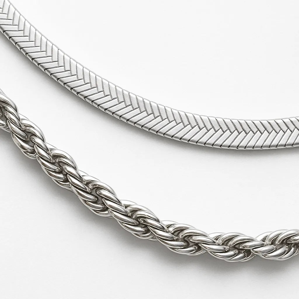Elegant Double-Layered Silver Necklace – Herringbone & Rope Chain - Everray.in