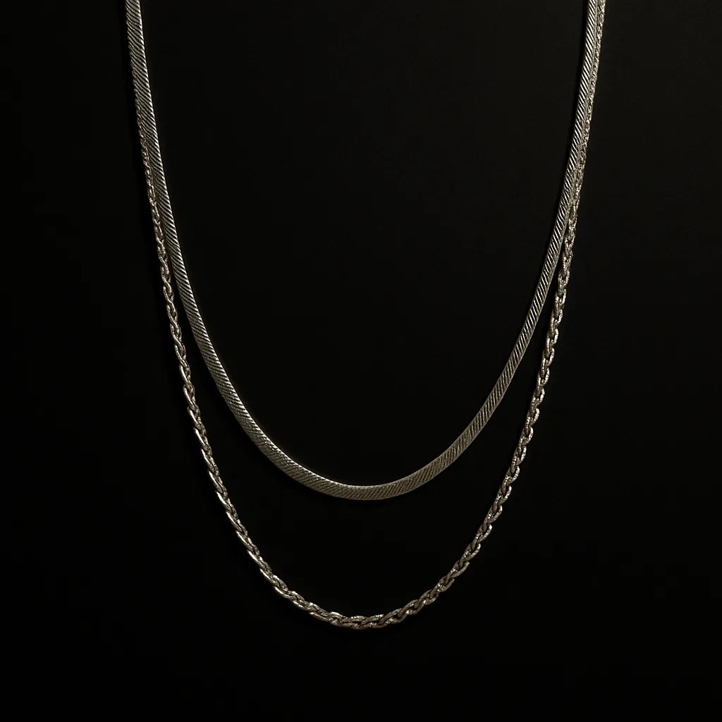 Elegant Double-Layered Silver Necklace – Herringbone & Rope Chain - Everray.in