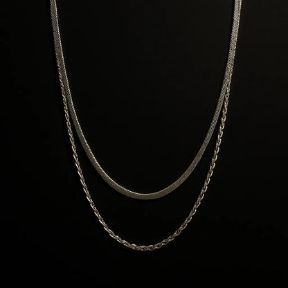 Elegant Double-Layered Silver Necklace – Herringbone & Rope Chain - Everray.in
