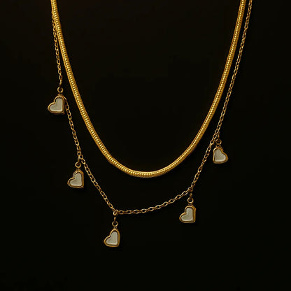 Gold Layered Necklace with White Enamel Heart Charms - Everray.in