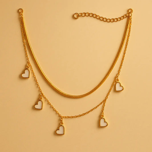 Gold Layered Necklace with White Enamel Heart Charms - Everray.in