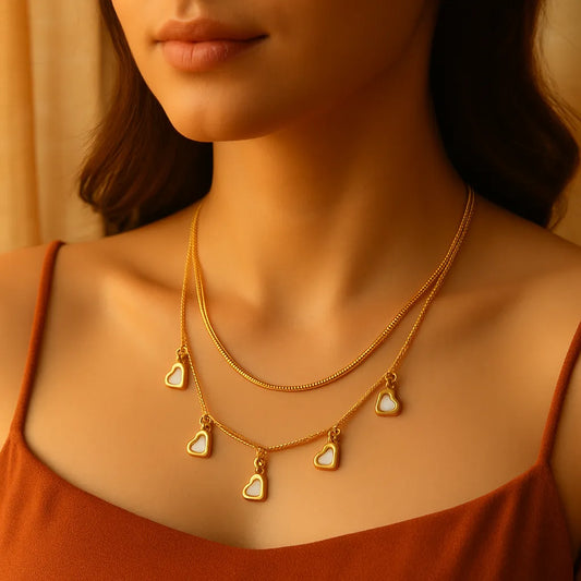 Gold Layered Necklace with White Enamel Heart Charms - Everray.in