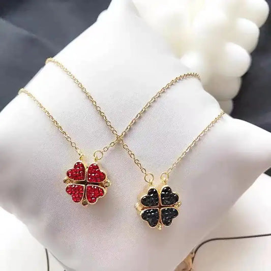 Four Leaf Zircon Heart Magnetic Clover Dual Side Necklace (Red & Black).