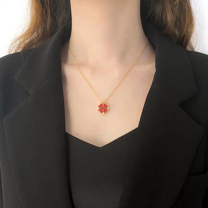 Four Leaf Zircon Heart Magnetic Clover Dual Side Necklace (Red & Black).