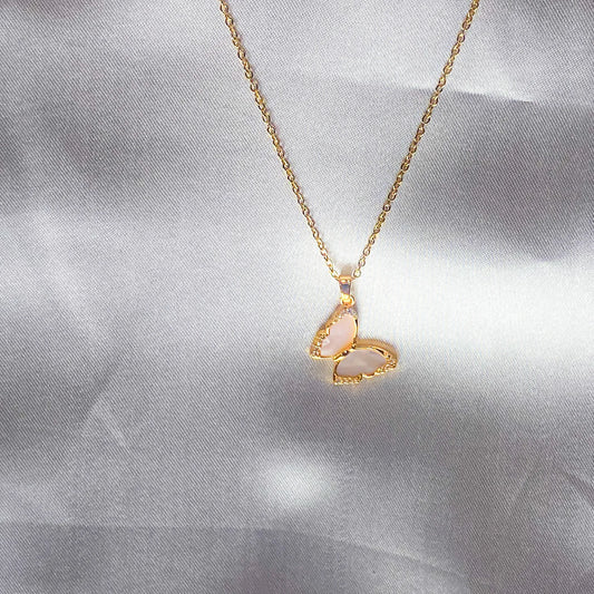 Gold Butterfly Necklace with Pink Stone Inlay